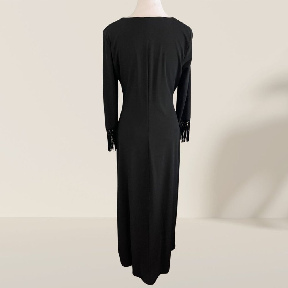 Vintage CDC Elegant Black Evening Gown with Sheer Mesh Panel & Fringe Sleeve - Picture 3 of 9